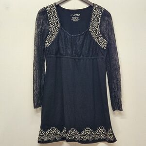 RXB Mini Sheath Dress Large Black Embroidered Details Lace LS Empire Waist Boho